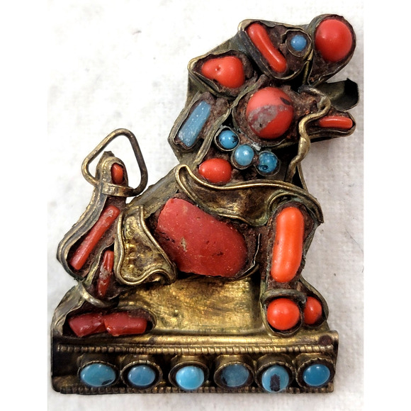 Vintage 1930s Nepal Tibetan Brass Coral Turquoise Foo Dog Brooch Pin Rare - Picture 1 of 5